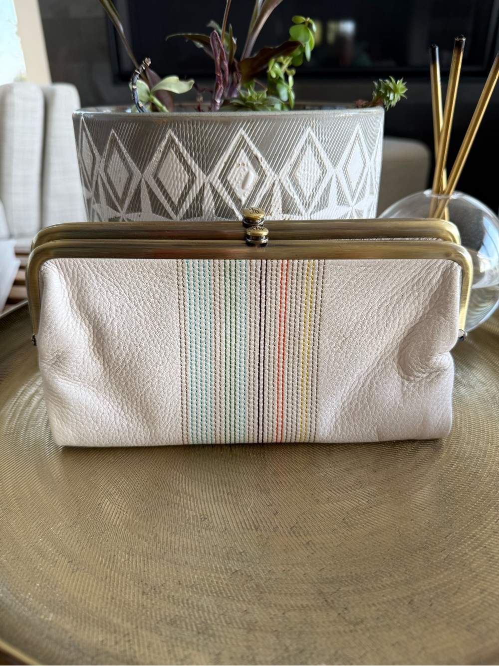 HOBO Cream Leather Clutch, magnetic closure & double kisslock side compartments